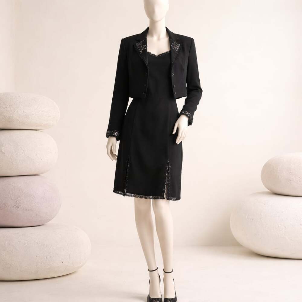 Tahari 2-Piece Sequin Trim Dress and Jacket Set Black Size 12